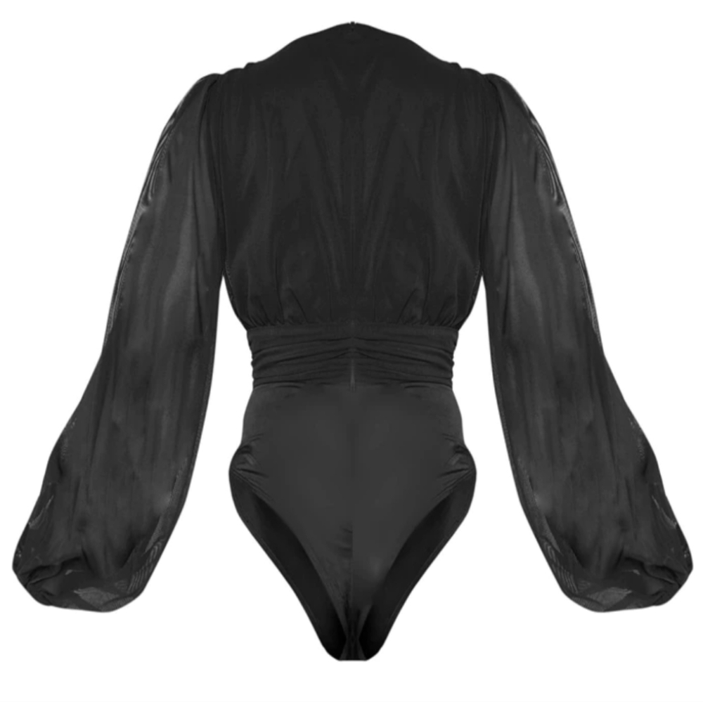 Black Mesh Ruched Waistband Bodysuit